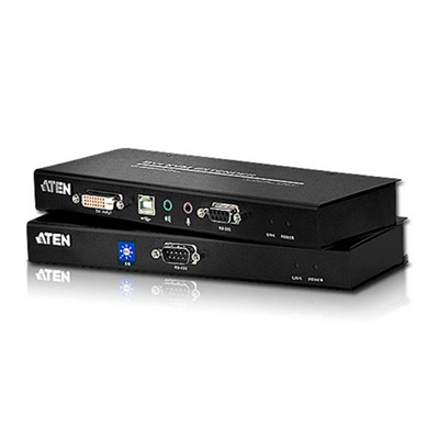 Aten CE600-AT-G El CE600 es una extensión KVM para consolas USB y gráfica DVI con función serie RS-232. El equipo permite acceder a un sistema informático desde una consola remota (teclado y mouse USB y monitor). Dado que permite el acceso a una computadora desde una consola remota, el CE600 es la solución perfecta para toda instalación donde la consola tenga que estar ubicada en un lugar conveniente y accesible, pero con la premisa de instalar el equipo del sistema en sí en un lugar seguro - alejado del polvo y la suciedad de la planta de fabricación o de la influencia ambiental de una obra, por ejemplo. De esta manera, se pueden instalar sistemas muy distantes. El CE600 emplea un cable de Cat. 5e para transmitir señales gráficas (DVI Single Link) con resoluciones hasta 1920 x 1200* * El segundo cable de Cat. 5e se requiere para las señales HDCP, RS-232 y del micrófono.1 extensión KVM DVI CE600L (unidad local)1 extensión KVM DVI CE600R (unidad remota)1 juego de cables KVM para USB y DVI-D Single Link de 1,8 m2 adaptadores de alimentación 0AD8-1605-24M11 kit de montaje1 manual del usuario