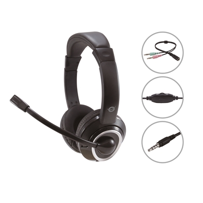 Conceptronic POLONA02BA Stereo 3.5Mm Headset Incl. Splitter Cable - Tipología: Auriculares Con Cable; Micrófono Incorporado: Sí; Control Remoto: Control De Volumen/Música; Noise Canceling: No; Conectores: 1 X Jack 3,5Mm; Fuente De Alimentación: Sin Batería; Color Primario: Negro